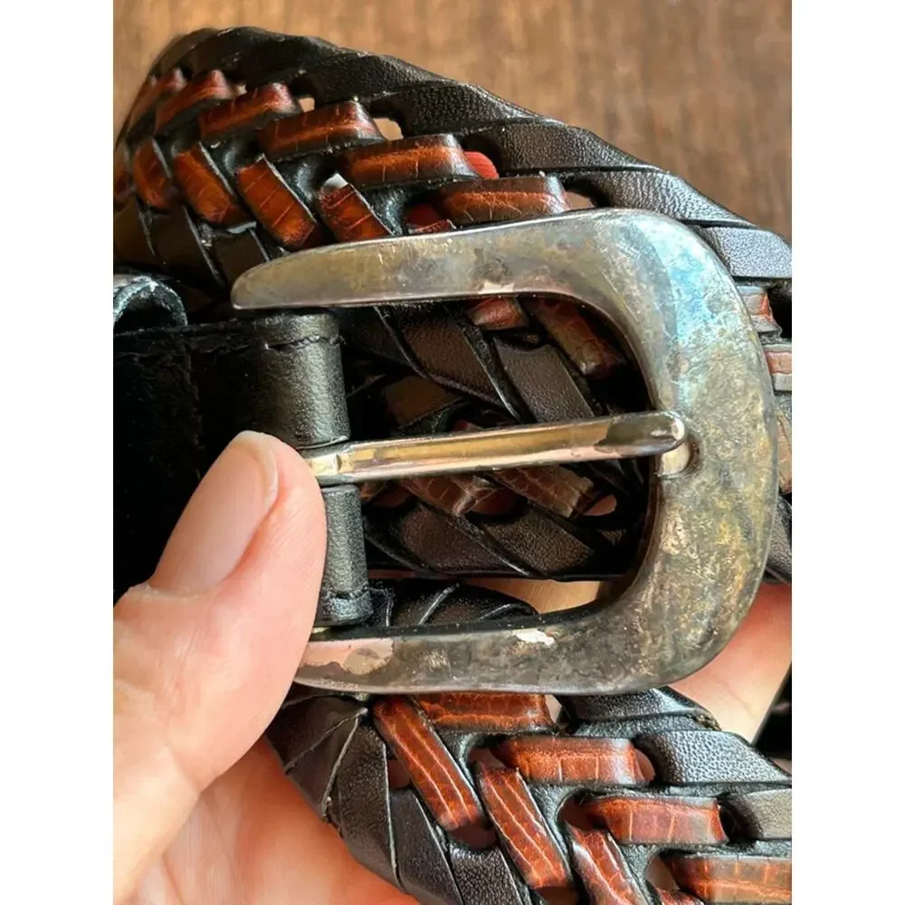 Vintage Brighton - Women's Black & Brown Woven Leather Belt - Size 40
